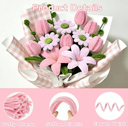 Pipe Cleaners Craft 300 PCS Thick Pink Pipe Cleaner Flower Kit 3 Colors Pipe Cleaners Bulk Fuzzy Sticks Chenille Stems for DIY Flower Bouquet Making Arts Craft Creative Projects(Pink,Light Pink,Green)