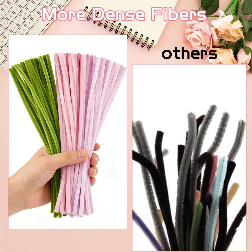 Pipe Cleaners Craft 300 PCS Thick Pink Pipe Cleaner Flower Kit 3 Colors Pipe Cleaners Bulk Fuzzy Sticks Chenille Stems for DIY Flower Bouquet Making Arts Craft Creative Projects(Pink,Light Pink,Green)
