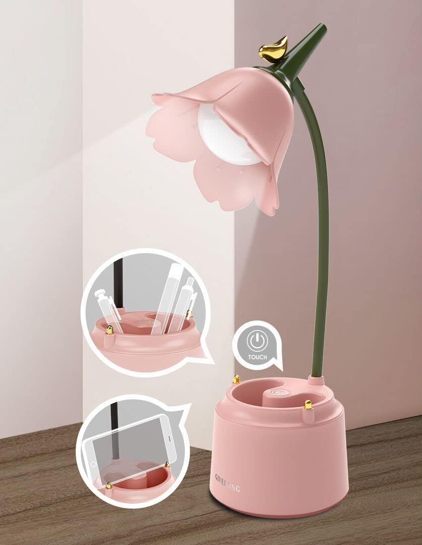Pink Desk Lamp, Rechargeable LED with USB Charging, 3 Color Modes & Stepless Dimming, Cute for College Dorm Bedroom Reading