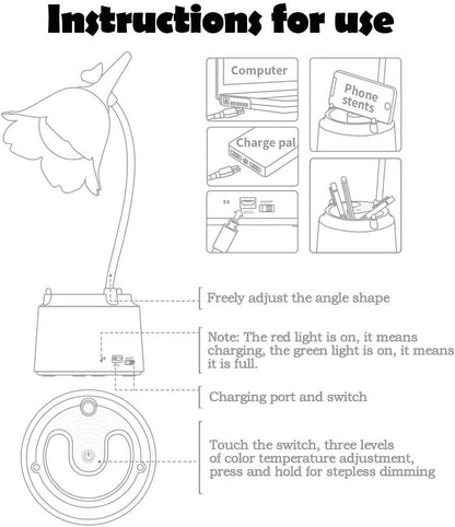 Pink Desk Lamp, Rechargeable LED with USB Charging, 3 Color Modes & Stepless Dimming, Cute for College Dorm Bedroom Reading
