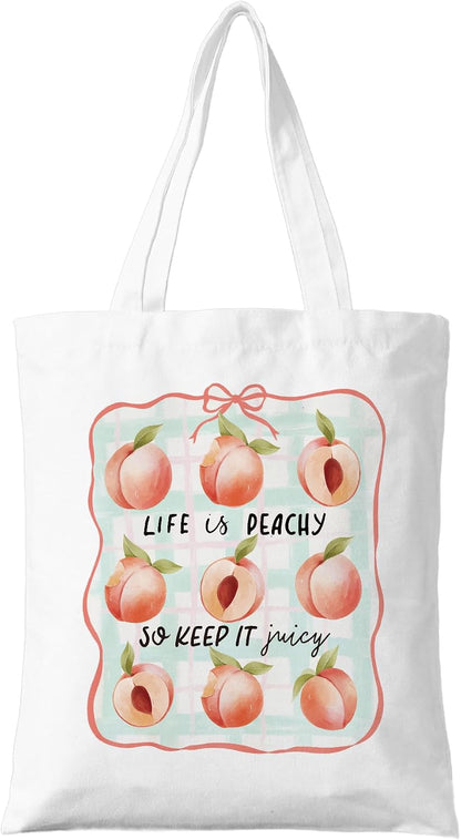 Life is Peachy So Keep it Juicy Tote Bag, Bow Peach Canvas Bag (127)