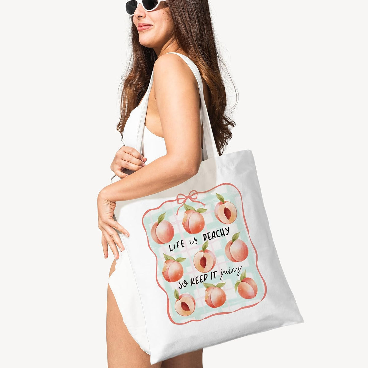 Life is Peachy So Keep it Juicy Tote Bag, Bow Peach Canvas Bag (127)