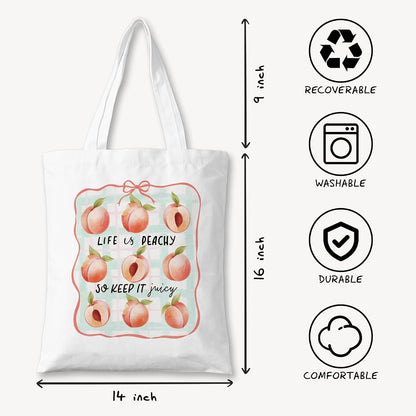 Life is Peachy So Keep it Juicy Tote Bag, Bow Peach Canvas Bag (127)