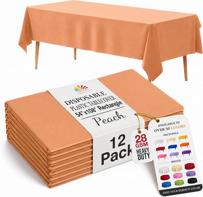 Peach Plastic Table Cloth Disposable 12 Pack, 54 x 108 Inch