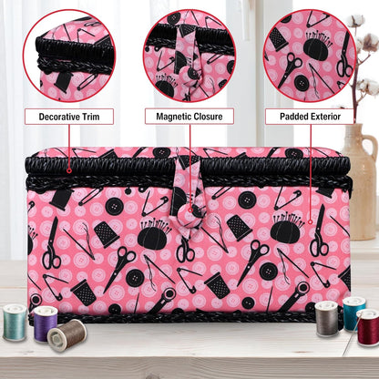 07276 Sewing Basket with Sewing Kit Accessories, Pink & Black