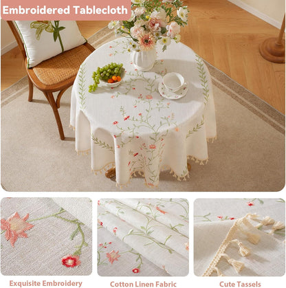 Pink Floral Embroidery 55" Round Tablecloth with Tassels