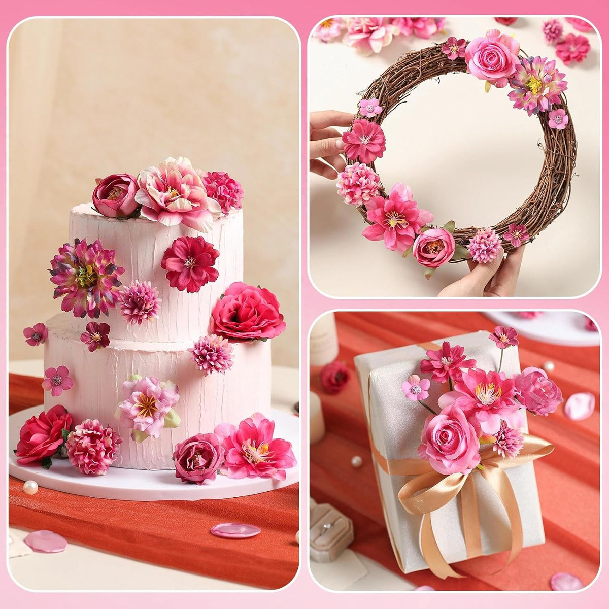Artificial Flowers Heads Combo Rose Red Flowers Mix Silk Flowers Heads Pink Bulk Faux Rose for Craft Garland Graduation Cap Wedding Bridal Baby Shower Home Party Decoration DIY Cake Decor