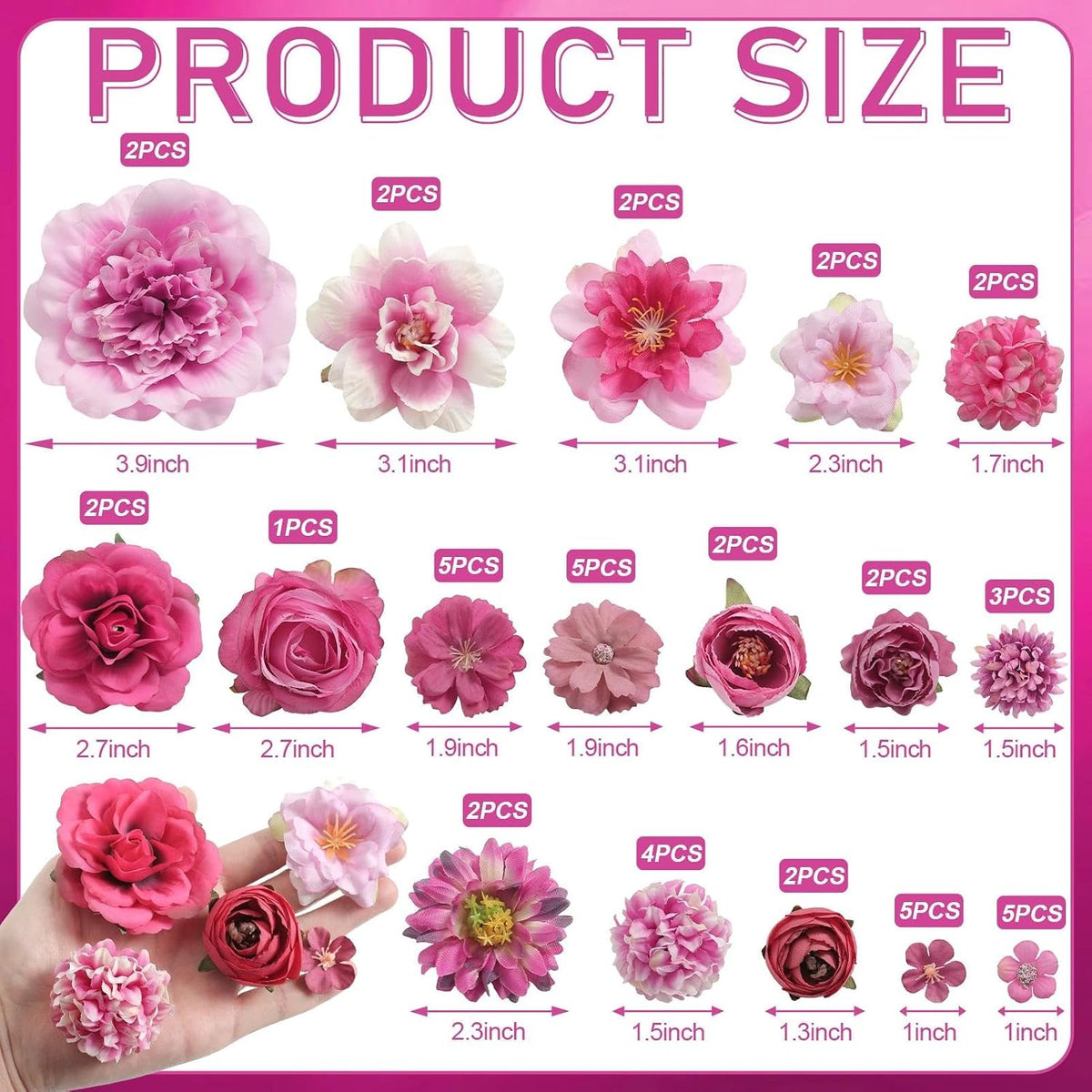 Artificial Flowers Heads Combo Rose Red Flowers Mix Silk Flowers Heads Pink Bulk Faux Rose for Craft Garland Graduation Cap Wedding Bridal Baby Shower Home Party Decoration DIY Cake Decor