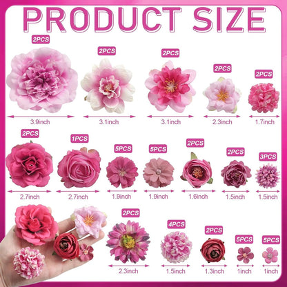 Artificial Flowers Heads Combo Rose Red Flowers Mix Silk Flowers Heads Pink Bulk Faux Rose for Craft Garland Graduation Cap Wedding Bridal Baby Shower Home Party Decoration DIY Cake Decor