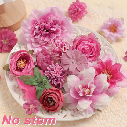 Artificial Flowers Heads Combo Rose Red Flowers Mix Silk Flowers Heads Pink Bulk Faux Rose for Craft Garland Graduation Cap Wedding Bridal Baby Shower Home Party Decoration DIY Cake Decor