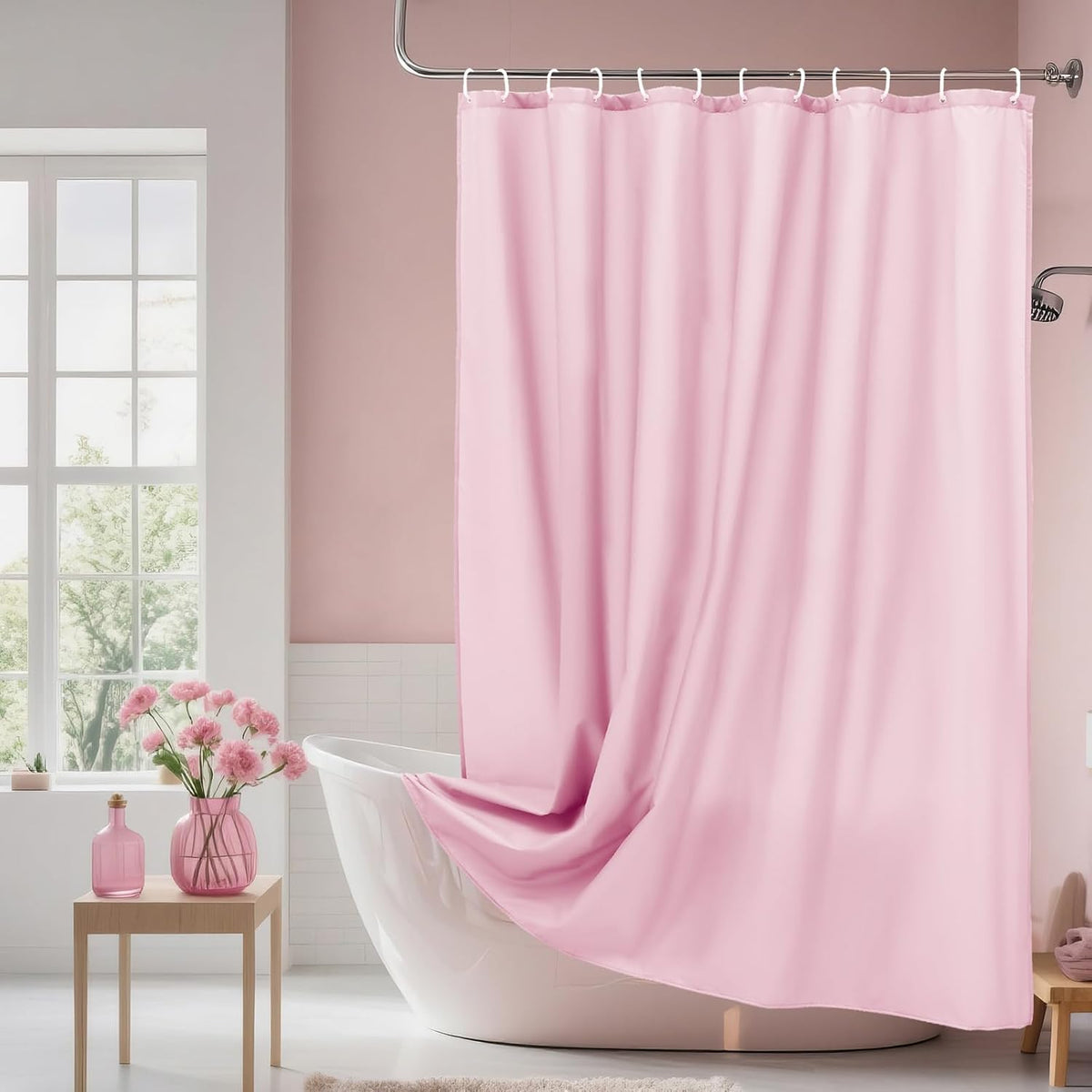 Solid Pink Shower Curtain, Fabric Weighted Hem Shower Liner with Hooks, Reinforced Metal Grommets, Waterproof, 72x75 inch