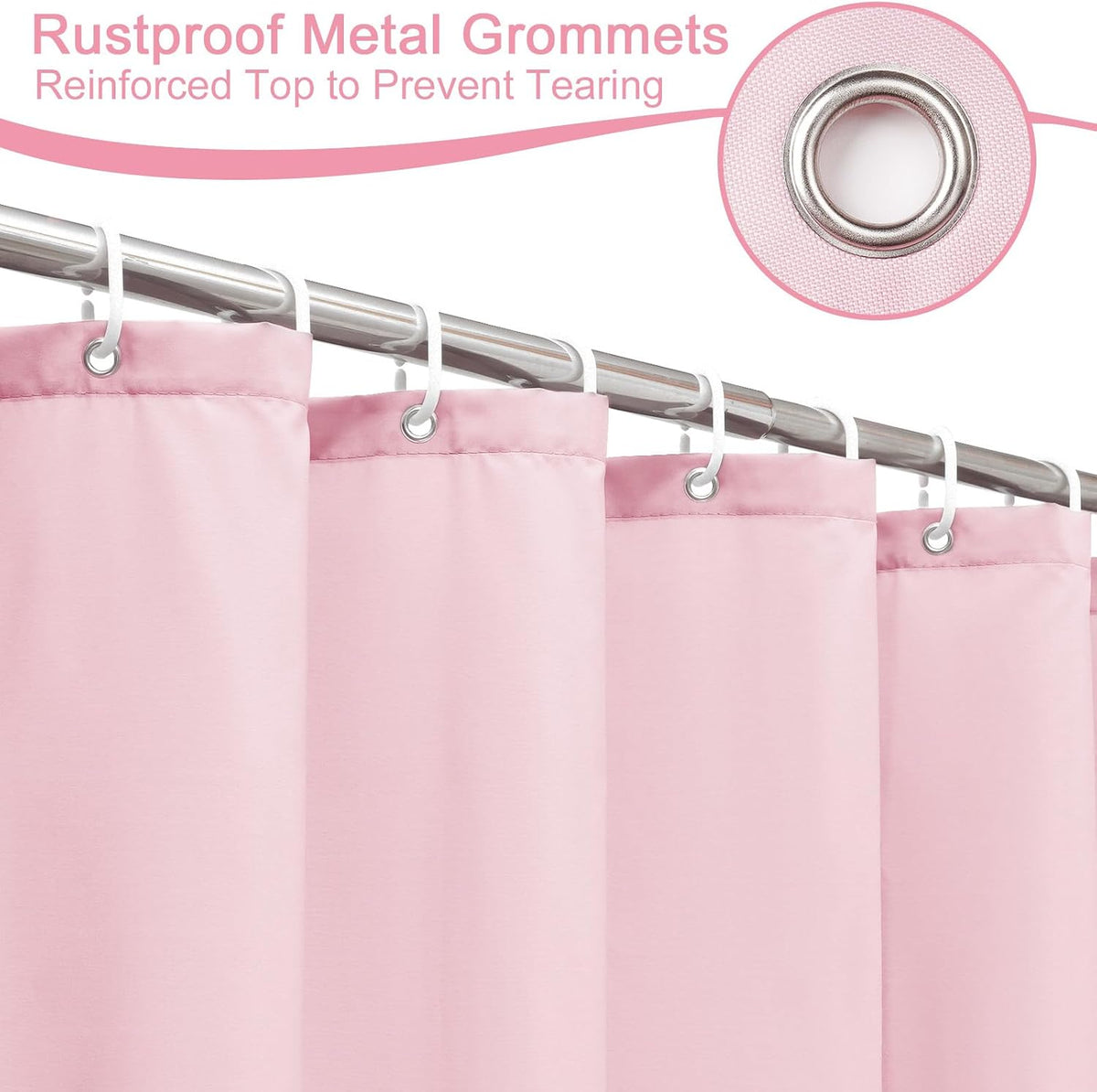 Solid Pink Shower Curtain, Fabric Weighted Hem Shower Liner with Hooks, Reinforced Metal Grommets, Waterproof, 72x75 inch