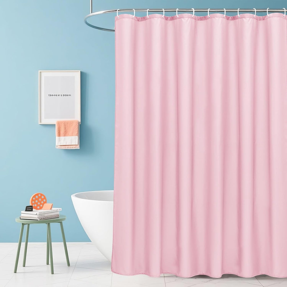 Solid Pink Shower Curtain, Fabric Weighted Hem Shower Liner with Hooks, Reinforced Metal Grommets, Waterproof, 72x75 inch