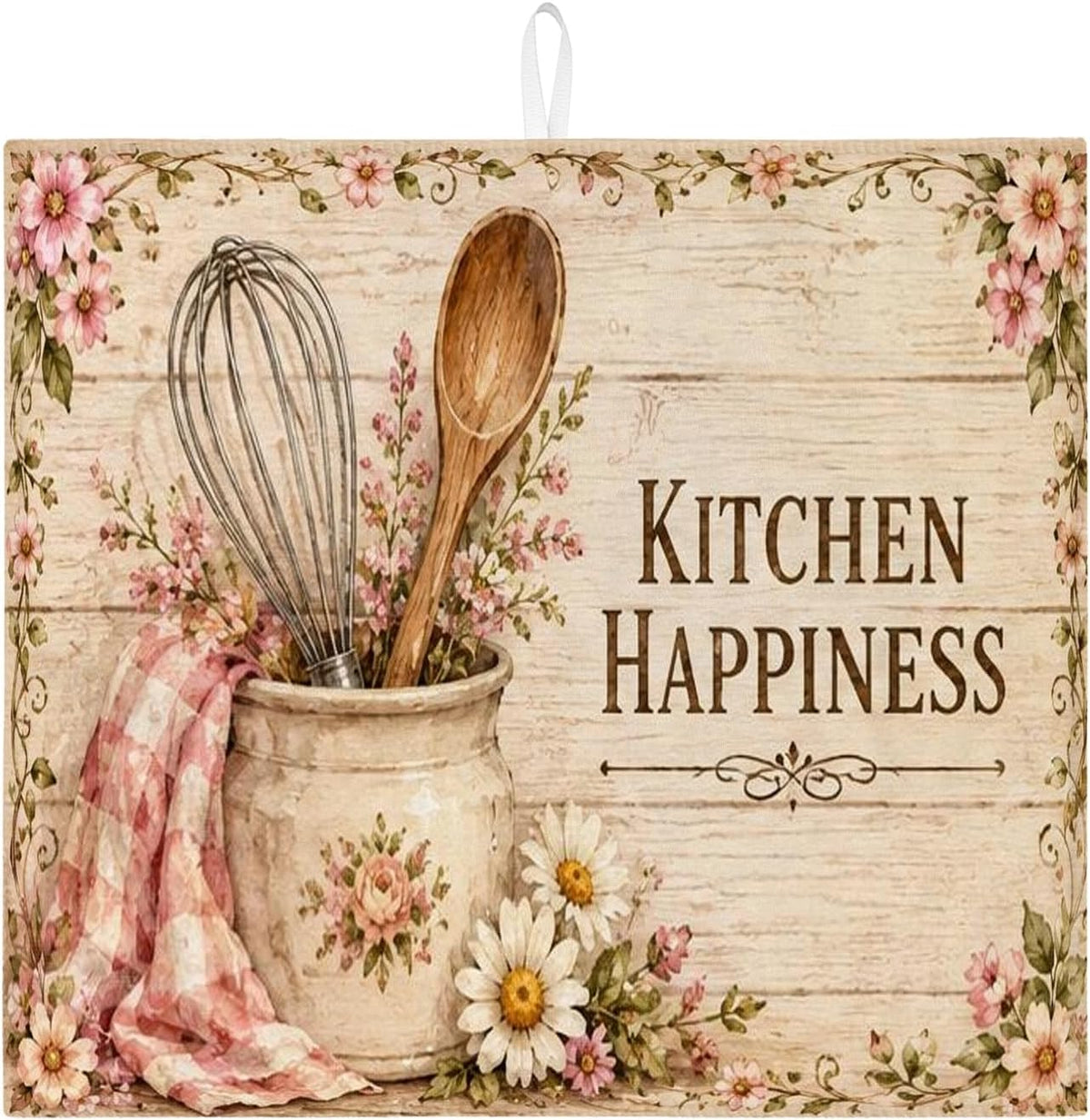 Floral Dish Drying Mats for Kitchen Counter, Peach Absorbent Dish Drainer Mat, Rustic Microfiber Drying Pad for Coffee Bar Protector 16x18 Inch
