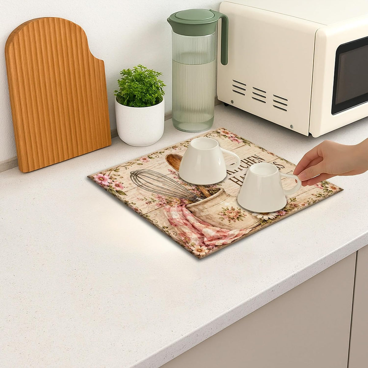 Floral Dish Drying Mats for Kitchen Counter, Peach Absorbent Dish Drainer Mat, Rustic Microfiber Drying Pad for Coffee Bar Protector 16x18 Inch