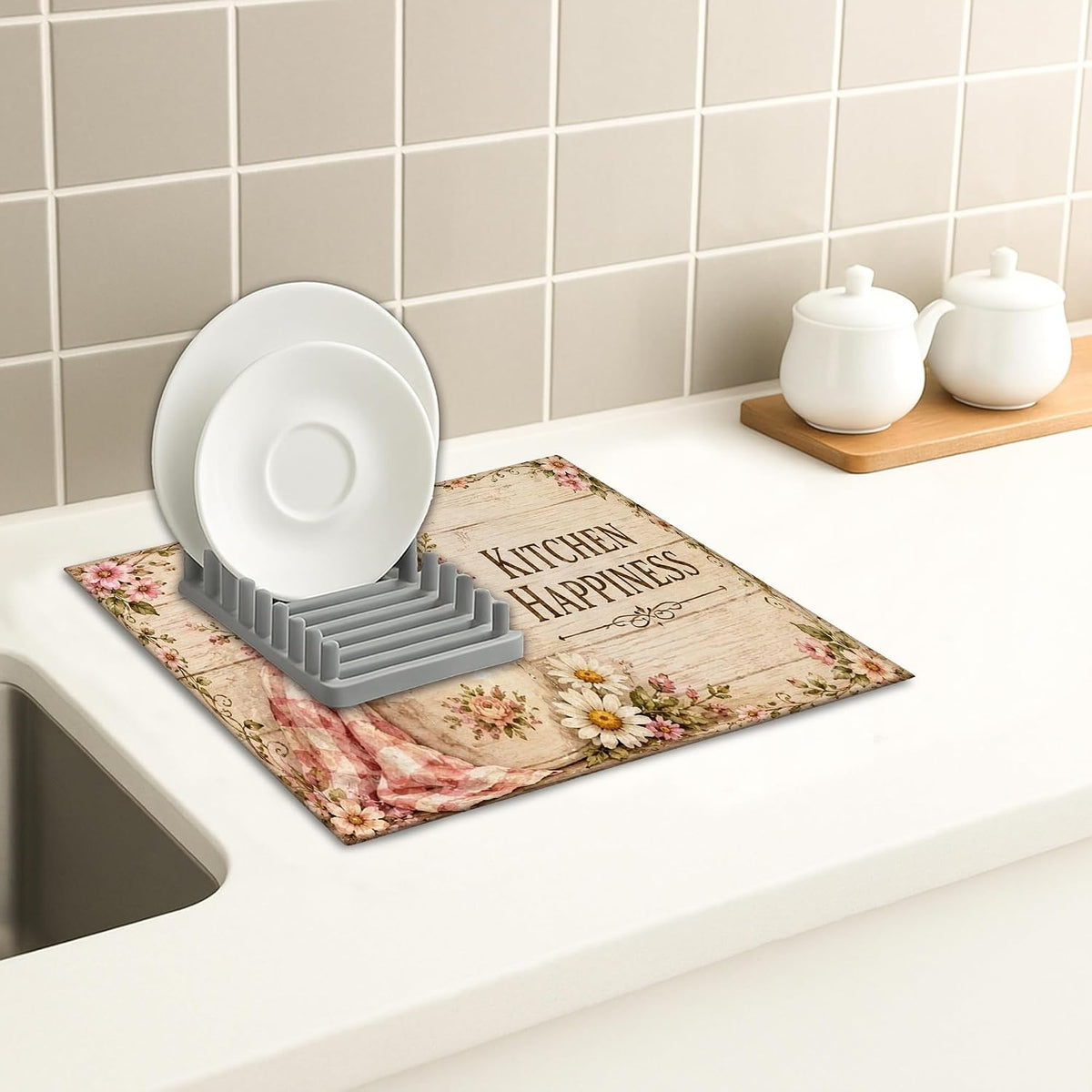 Floral Dish Drying Mats for Kitchen Counter, Peach Absorbent Dish Drainer Mat, Rustic Microfiber Drying Pad for Coffee Bar Protector 16x18 Inch