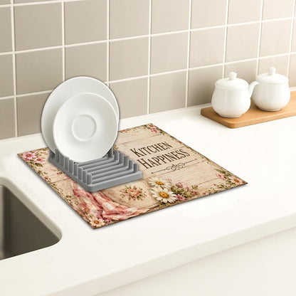 Floral Dish Drying Mats for Kitchen Counter, Peach Absorbent Dish Drainer Mat, Rustic Microfiber Drying Pad for Coffee Bar Protector 16x18 Inch