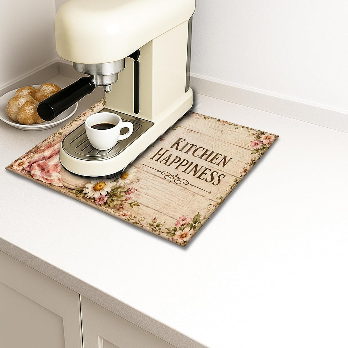 Floral Dish Drying Mats for Kitchen Counter, Peach Absorbent Dish Drainer Mat, Rustic Microfiber Drying Pad for Coffee Bar Protector 16x18 Inch
