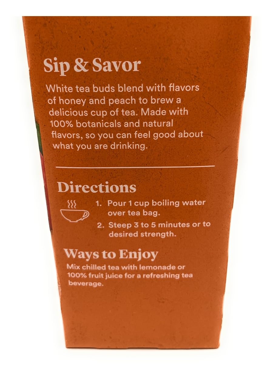 Organic Peach Honey Tea White Tea Blend, 20 Bags,1.27oz/36g | Peach and Honey Flavors, Caffeinated, Pack of 1