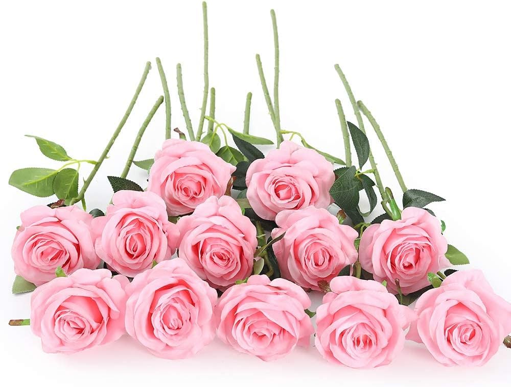 12 PCS Artificial Flowers Pink Roses Fake Silk Flowers Long Stem Artificial Roses for Home Wedding Decorations (Pink)