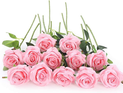12 PCS Artificial Flowers Pink Roses Fake Silk Flowers Long Stem Artificial Roses for Home Wedding Decorations (Pink)