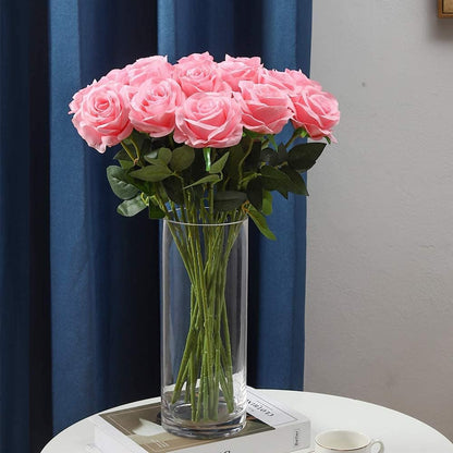 12 PCS Artificial Flowers Pink Roses Fake Silk Flowers Long Stem Artificial Roses for Home Wedding Decorations (Pink)