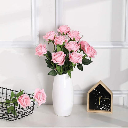 12 PCS Artificial Flowers Pink Roses Fake Silk Flowers Long Stem Artificial Roses for Home Wedding Decorations (Pink)