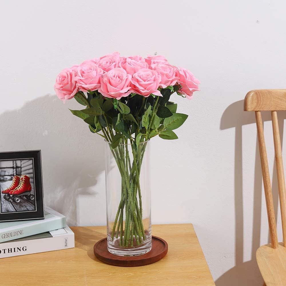 12 PCS Artificial Flowers Pink Roses Fake Silk Flowers Long Stem Artificial Roses for Home Wedding Decorations (Pink)