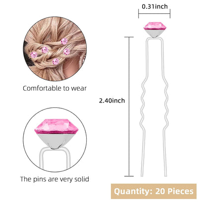 20 Pack (Pink) Rhinestone Hair Pins Crystal Hair Clips for Bridal Wedding Women Hair Jewelry Accessories, with Clear Container