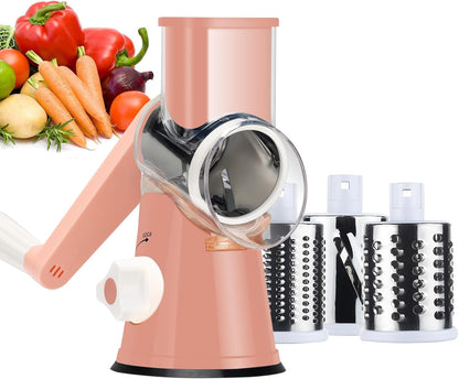 Rotary Cheese Grater Hand Crank, Kitchen Shredder Speed Mandolin Slicer Nuts Grinder with Handle and Drum Blades for Cheese, Vegetable, Walnuts, Chocolate, Potato, Carrot, 3 Blades, Pink