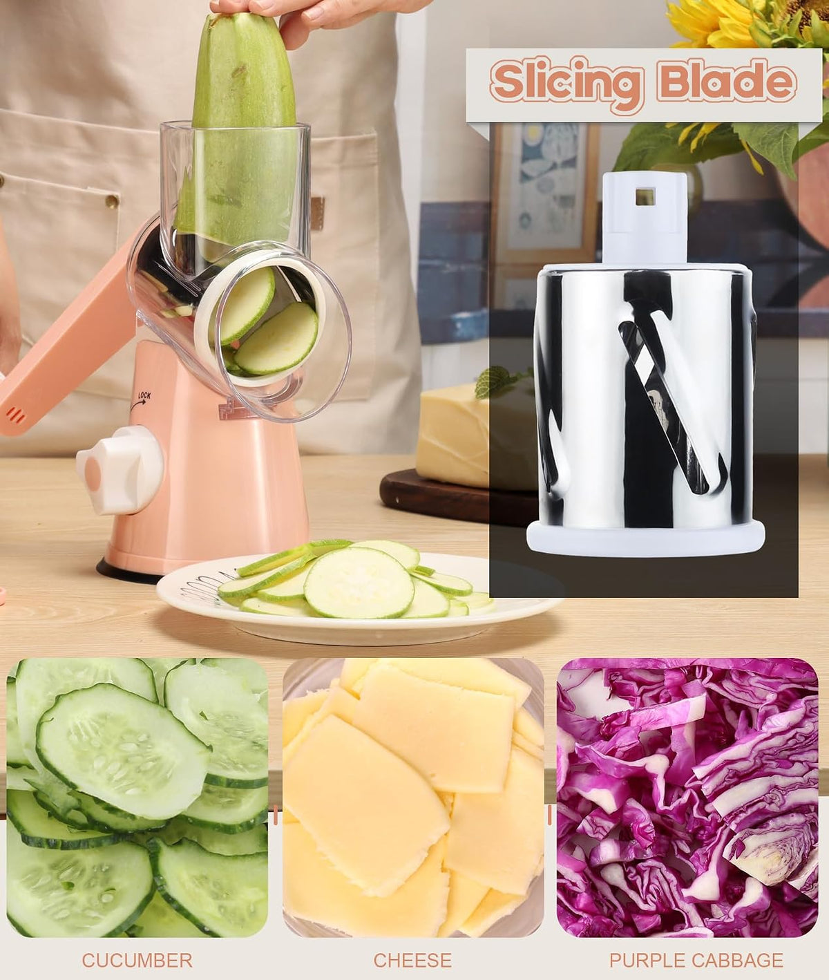 Rotary Cheese Grater Hand Crank, Kitchen Shredder Speed Mandolin Slicer Nuts Grinder with Handle and Drum Blades for Cheese, Vegetable, Walnuts, Chocolate, Potato, Carrot, 3 Blades, Pink