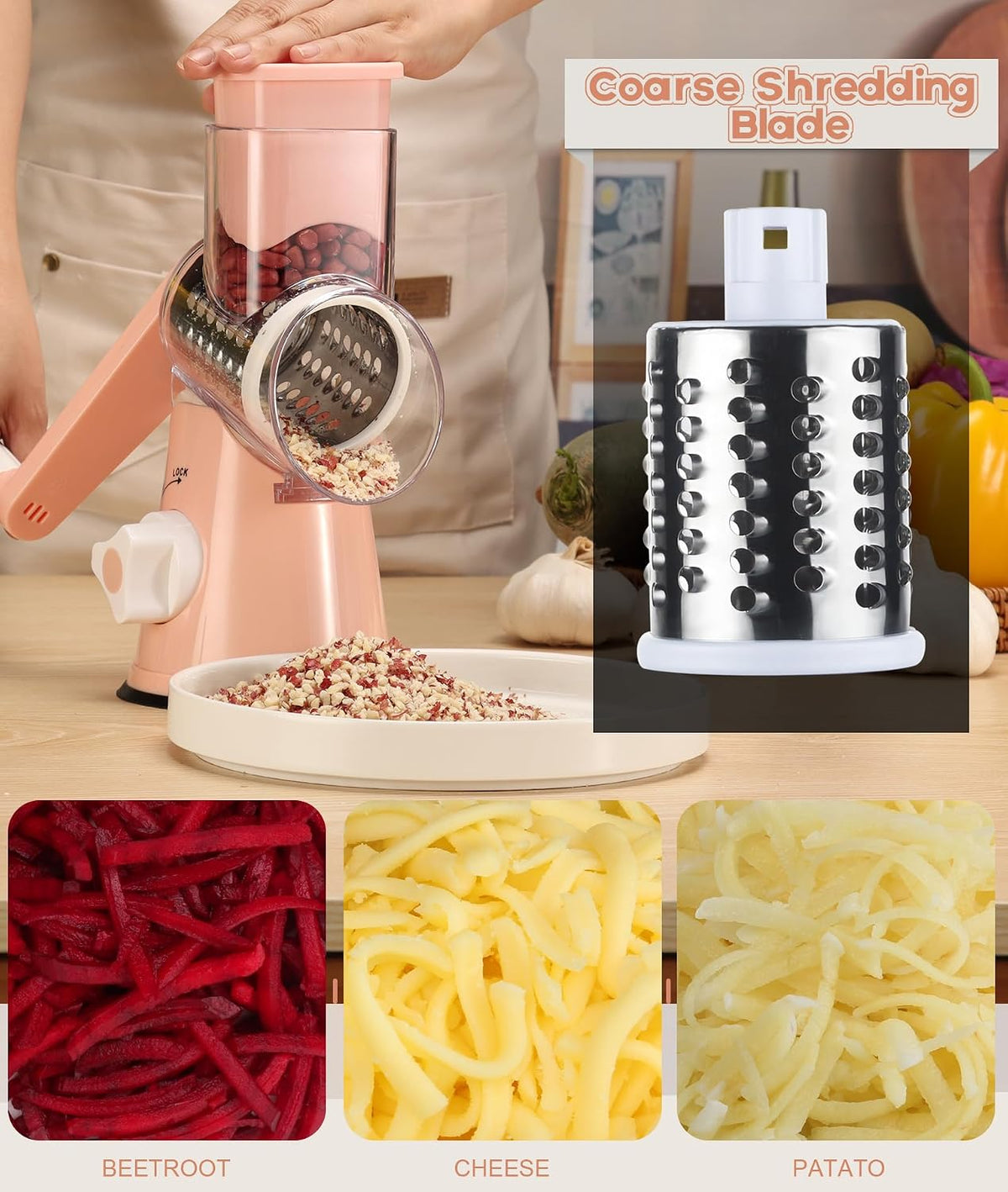 Rotary Cheese Grater Hand Crank, Kitchen Shredder Speed Mandolin Slicer Nuts Grinder with Handle and Drum Blades for Cheese, Vegetable, Walnuts, Chocolate, Potato, Carrot, 3 Blades, Pink