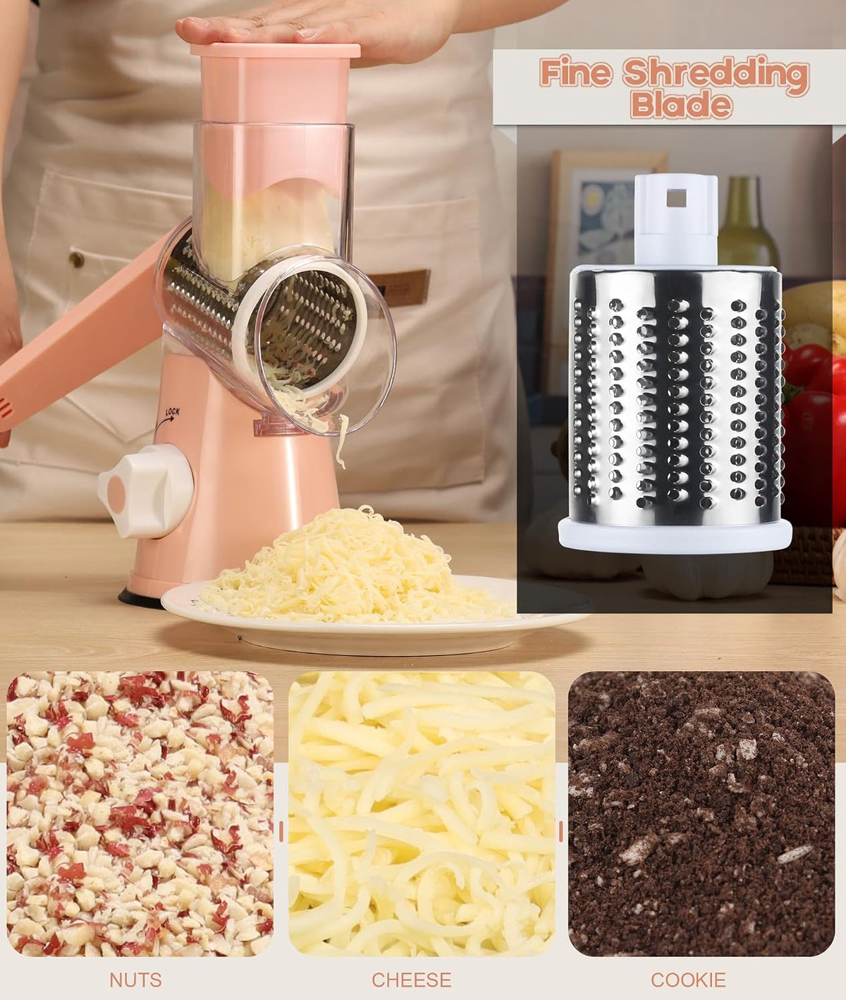 Rotary Cheese Grater Hand Crank, Kitchen Shredder Speed Mandolin Slicer Nuts Grinder with Handle and Drum Blades for Cheese, Vegetable, Walnuts, Chocolate, Potato, Carrot, 3 Blades, Pink