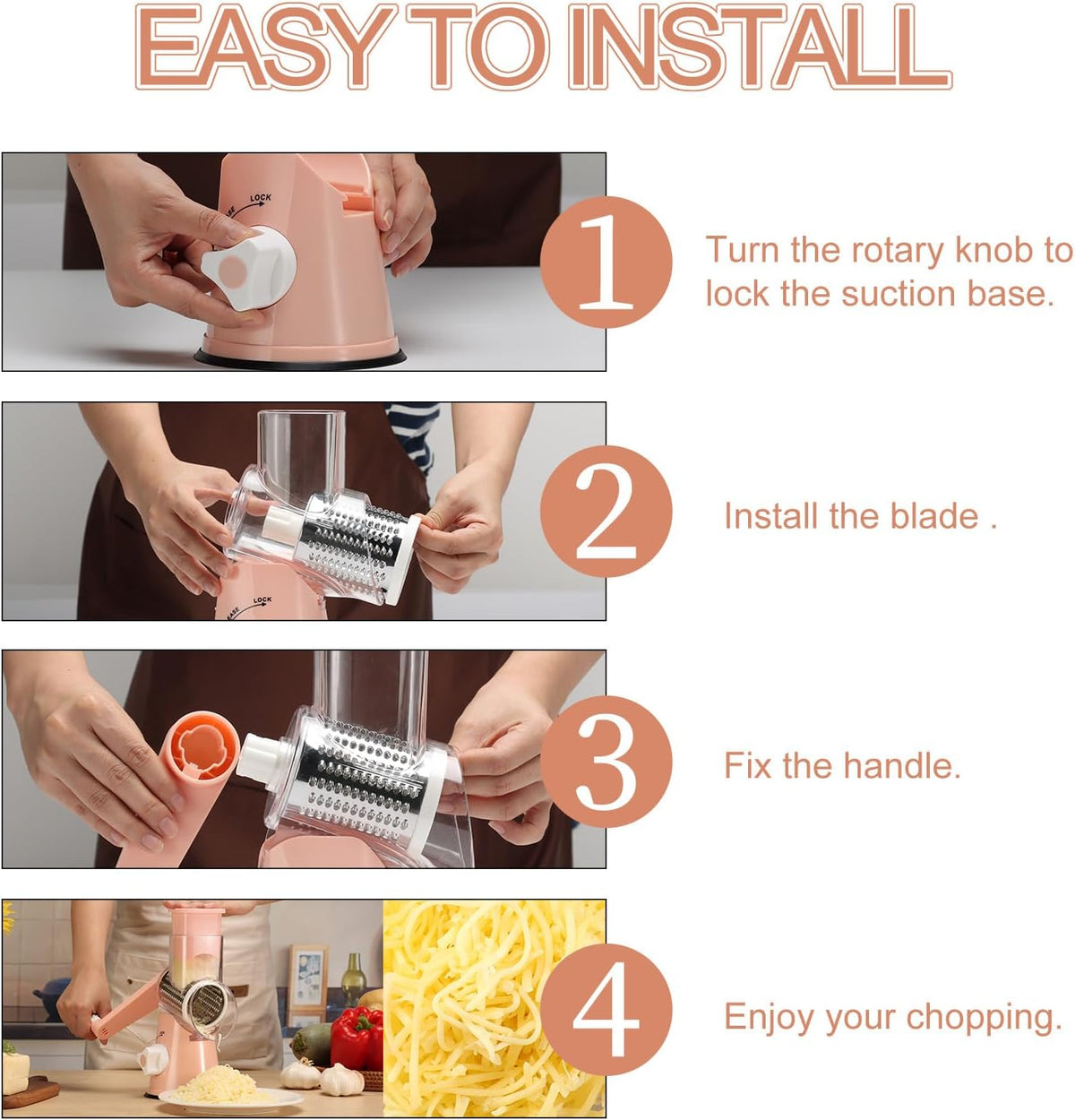 Rotary Cheese Grater Hand Crank, Kitchen Shredder Speed Mandolin Slicer Nuts Grinder with Handle and Drum Blades for Cheese, Vegetable, Walnuts, Chocolate, Potato, Carrot, 3 Blades, Pink
