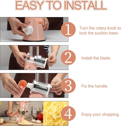 Rotary Cheese Grater Hand Crank, Kitchen Shredder Speed Mandolin Slicer Nuts Grinder with Handle and Drum Blades for Cheese, Vegetable, Walnuts, Chocolate, Potato, Carrot, 3 Blades, Pink