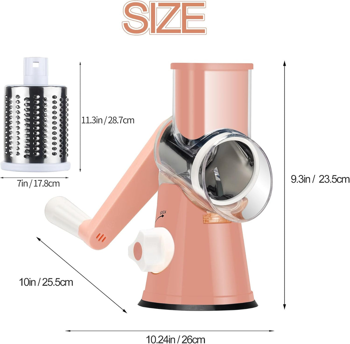 Rotary Cheese Grater Hand Crank, Kitchen Shredder Speed Mandolin Slicer Nuts Grinder with Handle and Drum Blades for Cheese, Vegetable, Walnuts, Chocolate, Potato, Carrot, 3 Blades, Pink
