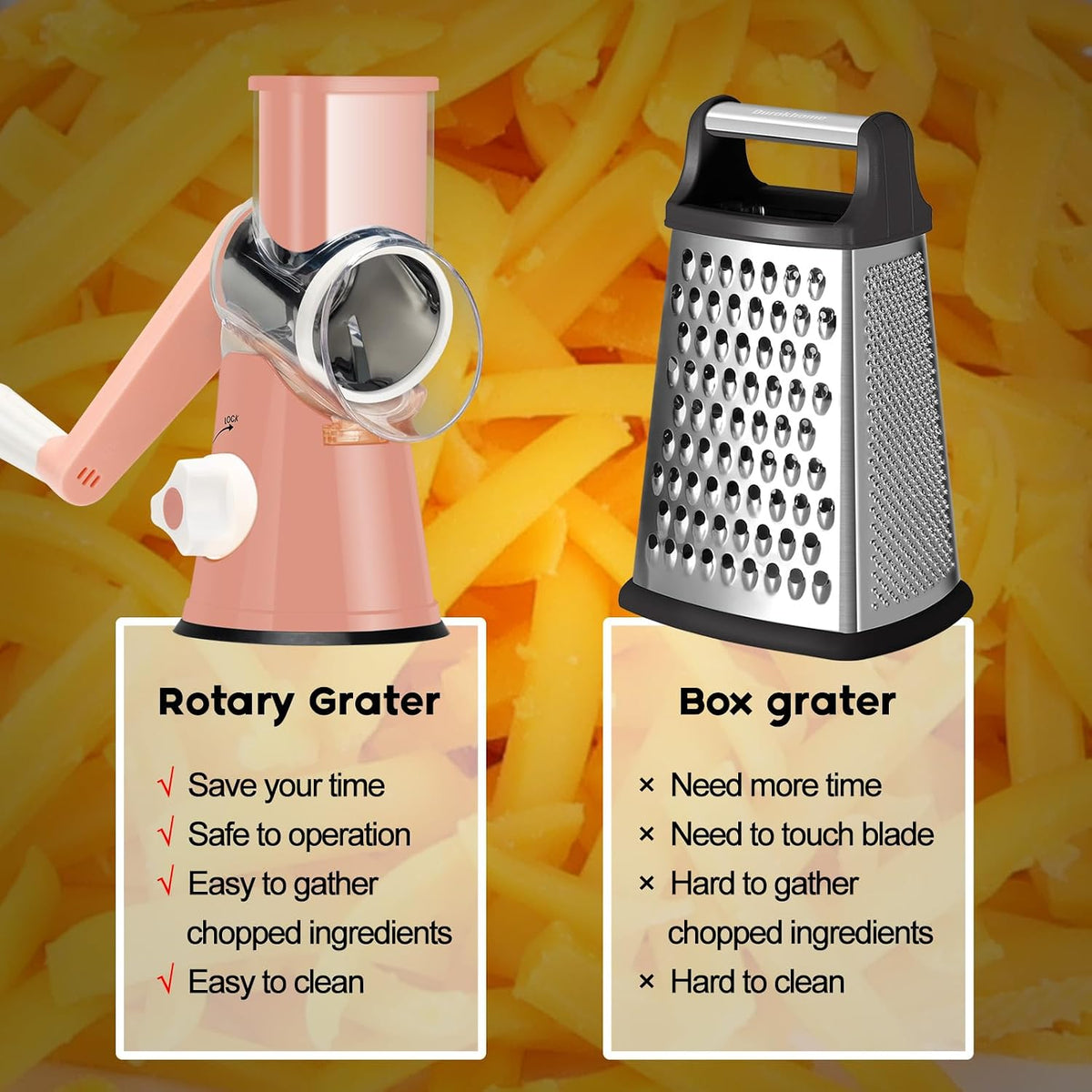 Rotary Cheese Grater Hand Crank, Kitchen Shredder Speed Mandolin Slicer Nuts Grinder with Handle and Drum Blades for Cheese, Vegetable, Walnuts, Chocolate, Potato, Carrot, 3 Blades, Pink