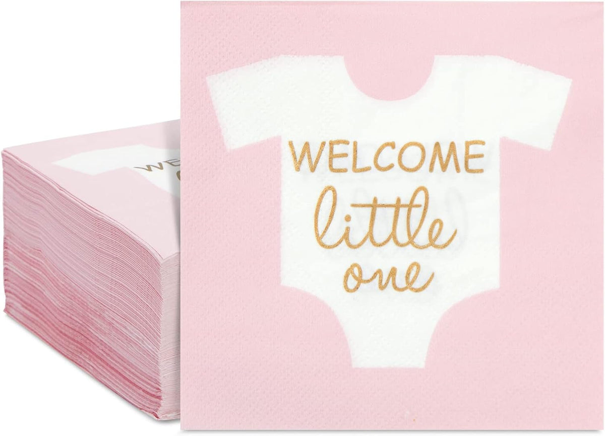 Baby Shower Napkins - 5 x 5 In Folded, Light Pink & Gold Foil, 100 Count, 3-Ply - Girl Baby Shower Napkins