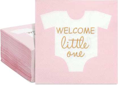 Baby Shower Napkins - 5 x 5 In Folded, Light Pink & Gold Foil, 100 Count, 3-Ply - Girl Baby Shower Napkins
