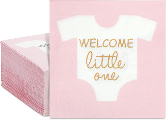 Baby Shower Napkins - 5 x 5 In Folded, Light Pink & Gold Foil, 100 Count, 3-Ply - Girl Baby Shower Napkins