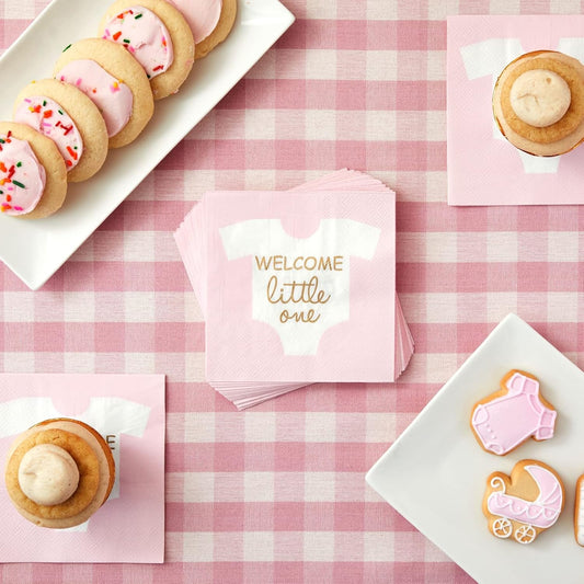 Baby Shower Napkins - 5 x 5 In Folded, Light Pink & Gold Foil, 100 Count, 3-Ply - Girl Baby Shower Napkins