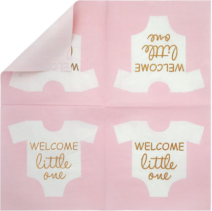Baby Shower Napkins - 5 x 5 In Folded, Light Pink & Gold Foil, 100 Count, 3-Ply - Girl Baby Shower Napkins