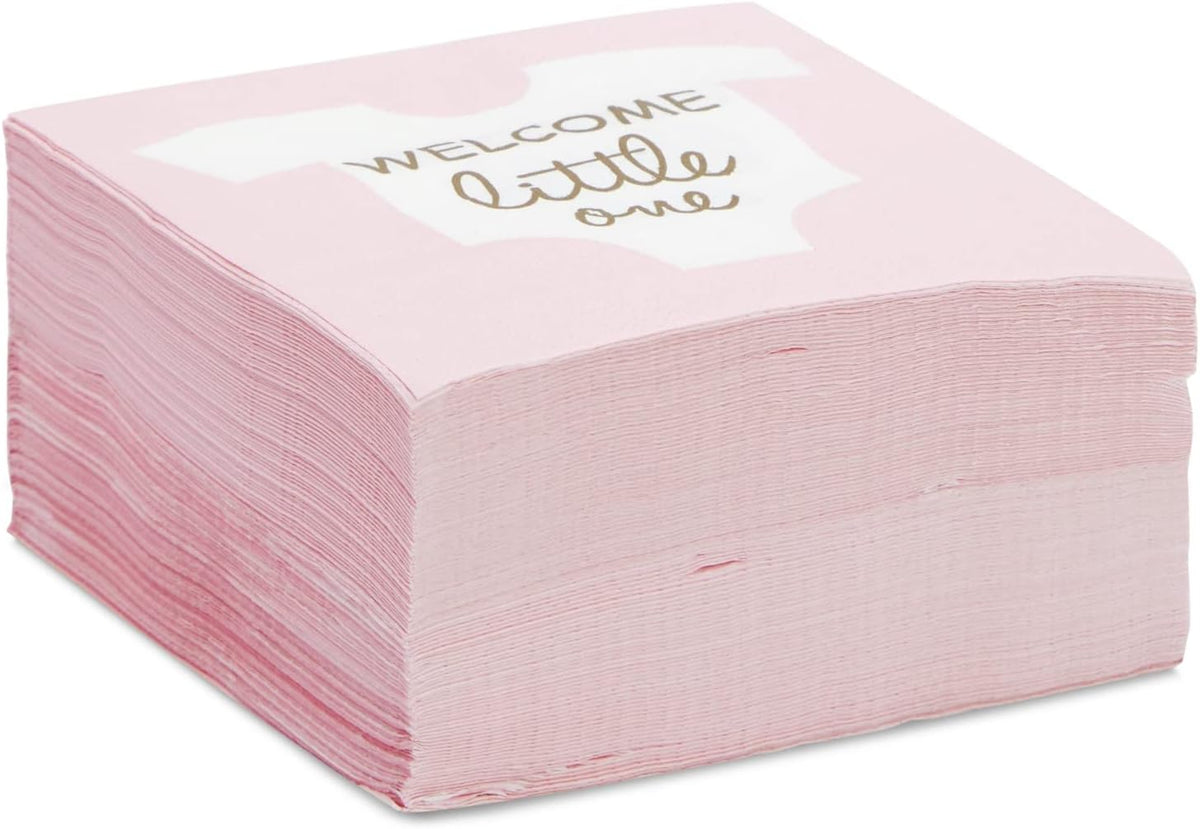 Baby Shower Napkins - 5 x 5 In Folded, Light Pink & Gold Foil, 100 Count, 3-Ply - Girl Baby Shower Napkins