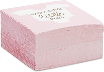 Baby Shower Napkins - 5 x 5 In Folded, Light Pink & Gold Foil, 100 Count, 3-Ply - Girl Baby Shower Napkins