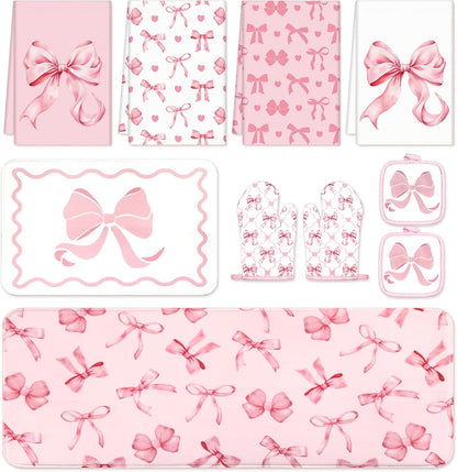 10Pcs Pink Bow Kitchen Dish Towels Rugs Oven Mitts and Pot Holders Set Farmhouse Kitchen Decor Set for Women Mom Daughter Gift Cooking Baking Home Housewarming Party Favors Supplies