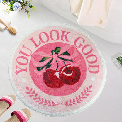SHIYUE You Look Good Cute Cherry Bath Mat, Ultra Soft and Fluffy Microfiber Water Absorption Non Slip Mat for Bedroom Kitchen Bathroom Rug Decor(23.6"×23.6" Pink Bow Y01)