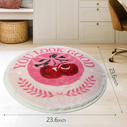 SHIYUE You Look Good Cute Cherry Bath Mat, Ultra Soft and Fluffy Microfiber Water Absorption Non Slip Mat for Bedroom Kitchen Bathroom Rug Decor(23.6"×23.6" Pink Bow Y01)