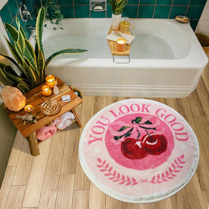 SHIYUE You Look Good Cute Cherry Bath Mat, Ultra Soft and Fluffy Microfiber Water Absorption Non Slip Mat for Bedroom Kitchen Bathroom Rug Decor(23.6"×23.6" Pink Bow Y01)