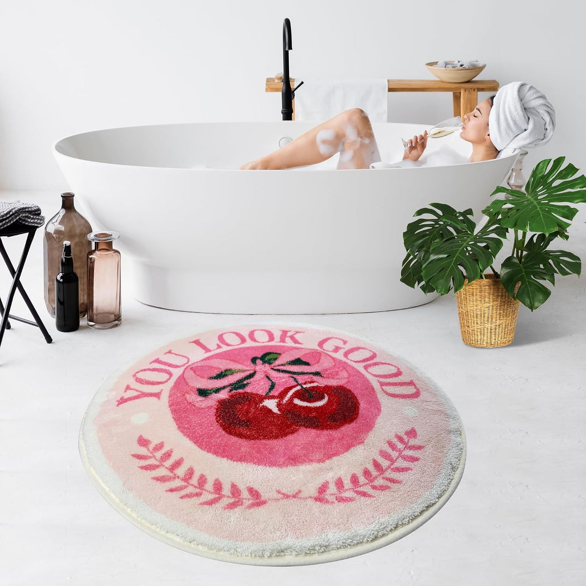 SHIYUE You Look Good Cute Cherry Bath Mat, Ultra Soft and Fluffy Microfiber Water Absorption Non Slip Mat for Bedroom Kitchen Bathroom Rug Decor(23.6"×23.6" Pink Bow Y01)