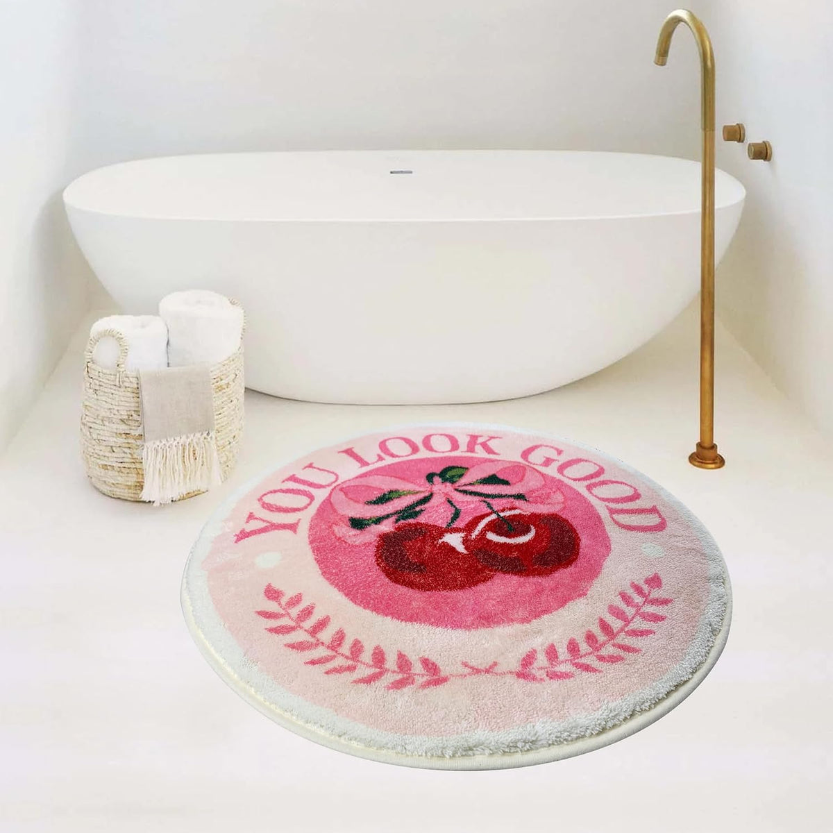 SHIYUE You Look Good Cute Cherry Bath Mat, Ultra Soft and Fluffy Microfiber Water Absorption Non Slip Mat for Bedroom Kitchen Bathroom Rug Decor(23.6"×23.6" Pink Bow Y01)